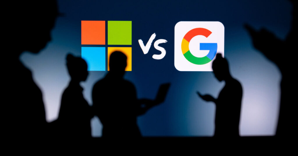 Image of a conference featuring Microsoft vs Google